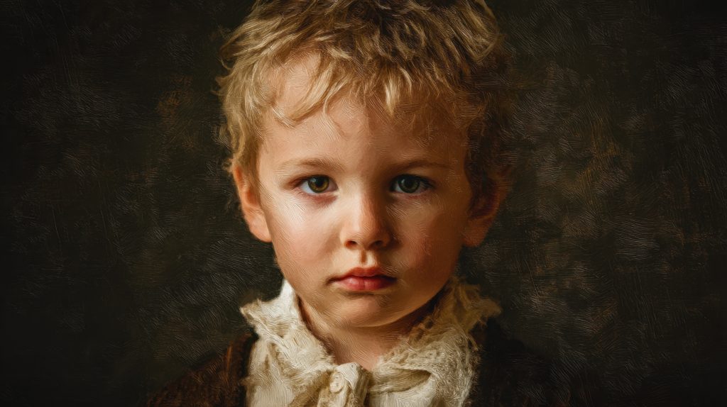 child with blond hair and blue eyes wearing a brown outfit stands still with a serious expression in a dark setting