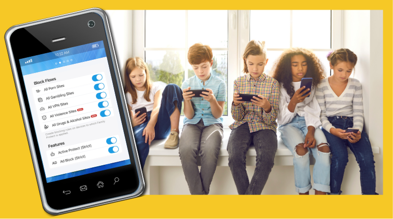 Kids playing on their devices and graphic of mobile app